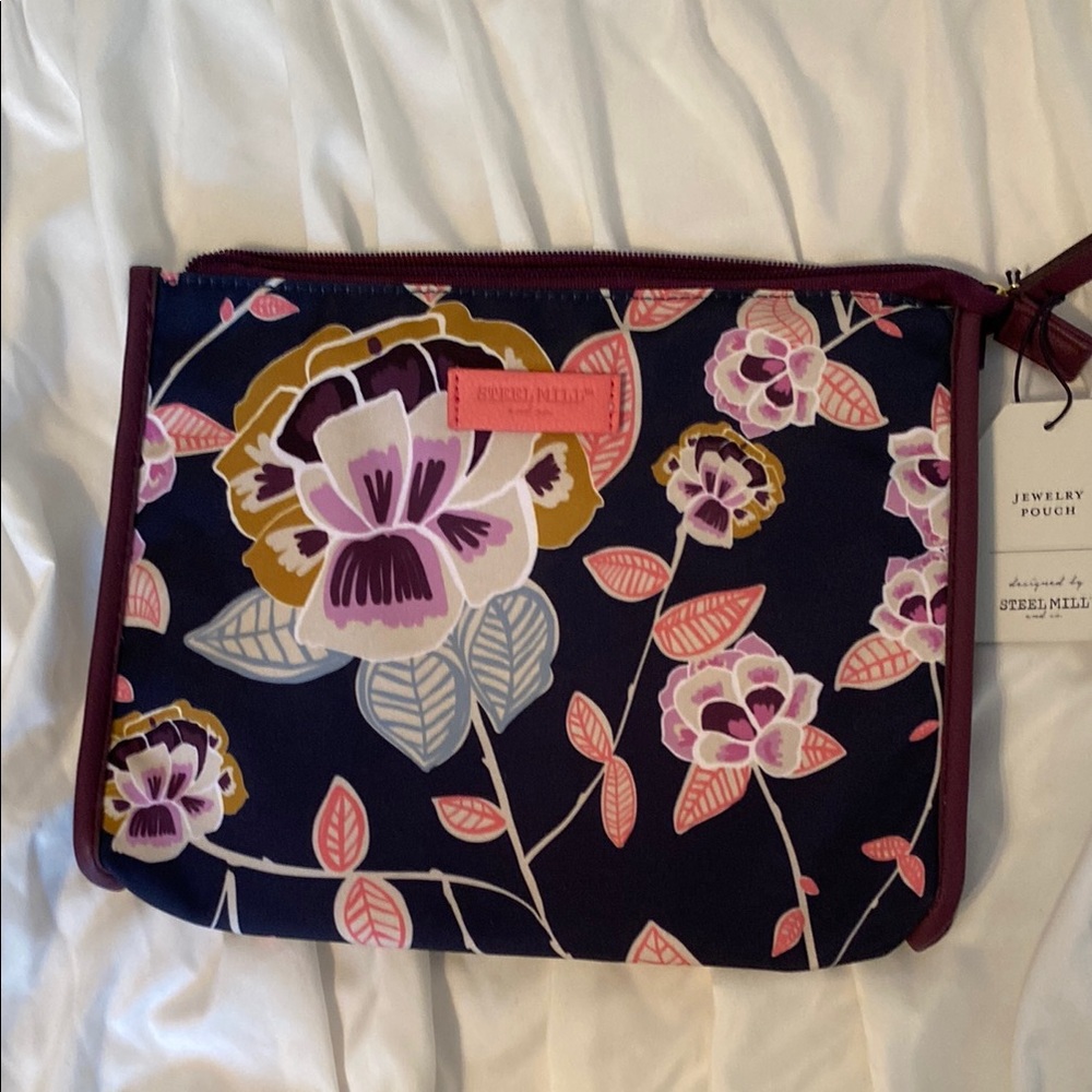 Floral Jewelry Pouch - Navy and Pink